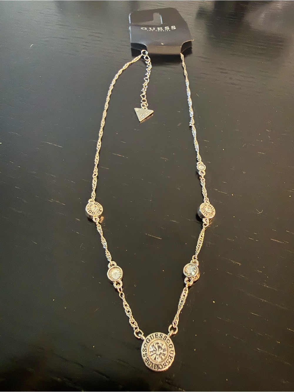 GUESS Rose Gold-Tone Logo Disc Necklace with Crystal Stations